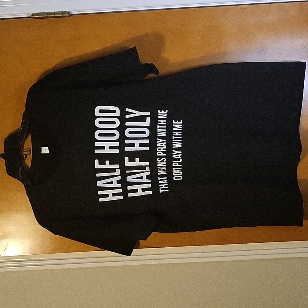 Womens Black / White "Half Hood, Half Holy" Short Sleeve T-shirt - Picture 1 of 5